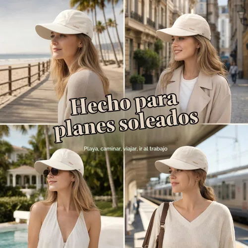 Vista 7 de Sombrero de visera ancha para mujer, protección UV, ajustable, plegable, gorra de béisbol para senderismo, pesca, golf, playa Caqui