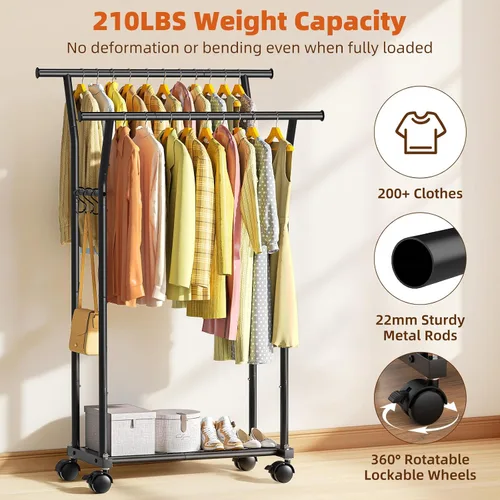 Vista 6 de Luxspire Perchero de doble barra para colgar ropa, perchero con ganchos laterales, estantes inferiores, ruedas de 360°, percheros para dormitorio