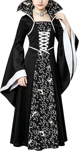 Vista 6 de Traje de Halloween para niña, disfraz de vampiro, terciopelo gótico negro y Blanco