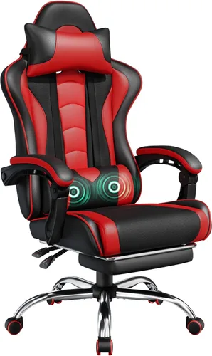 Vista 13 de Yaheetech Silla para videojuegos, silla de videojuegos con soporte lumbar de masaje y reposapiés, silla ergonómica ajustable para computadora
