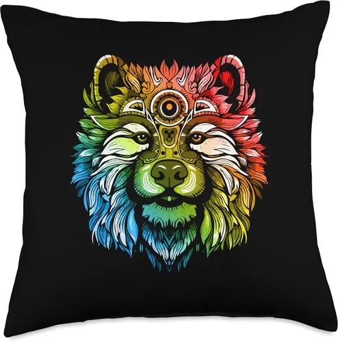 Vista 4 de Dogs Artwork Style Chow Dog Portrait Animal Head Colorful Throw Pillow, 16x16, Multicolor