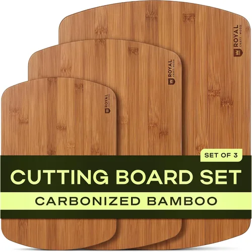 Vista 14 de ROYAL CRAFT WOOD Tablas de cortar de madera para preparar comidas de cocina y servir – Juego de tablas de cortar de bambú no tóxicas con asas Marrón