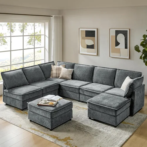 Vista 11 de HULALA HOME Sofá seccional modular, sofá grande en forma de U de 8 asientos con otomano de almacenamiento, sofá cómodo de chenilla con asiento