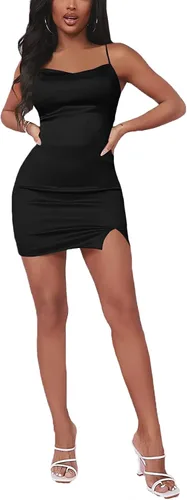 Vista 5 de LYANER Vestido corto de satén con dobladillo dividido y cuello vuelto, sin mangas, entallado con tirantes delgados para mujer, Calzado