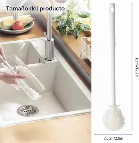 Vista 3 de Cepillo de silicona para botellas, cepillo de agua flexible de cerdas suaves de 360° con mango largo, cepillo de limpieza de tapa de taza para 1