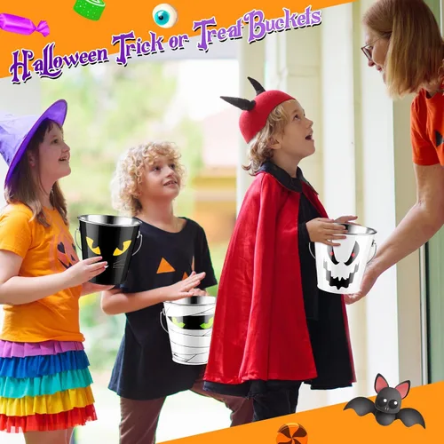 Vista 7 de Tioncy 6 cubos de calabaza de Halloween a granel de metal para trucos o golosinas, cubo de recuerdos de fiesta con asa, cubo pequeño de calabaza