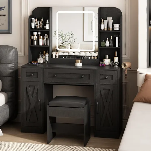 Vista 8 de Vabches Escritorio de tocador negro, espejo de tocador con luces, escritorio de maquillaje con taburete, mesa de maquillaje con grandes cajones