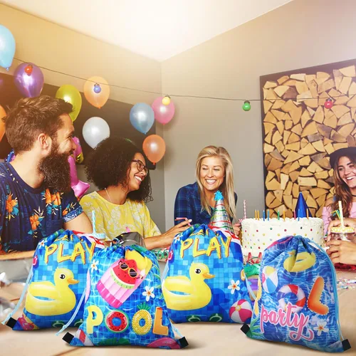 Vista 5 de Hosuly 24 bolsas de verano para fiesta en la piscina, bolsas con cordón, mochilas hawaianas, decoración de fiesta de piscina, bolsas de regalo