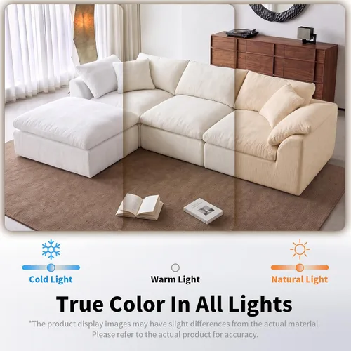 Vista 12 de Sofá seccional de nube sin hueso de 110 pulgadas para sala de estar, sofá modular en forma de L de gran tamaño con otomana, sofá seccional de Blanco