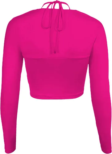 Vista 2 de Avanova Camiseta corta sexy de manga larga con cuello halter cruzado para mujer
