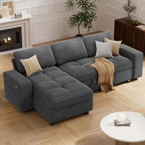 Vista 2 de Vipbear Sofá cama modular de 81 pulgadas con cama extraíble, sofá cama en forma de L, sofá extraíble con respaldo reclinable, diván de Gris oscuro