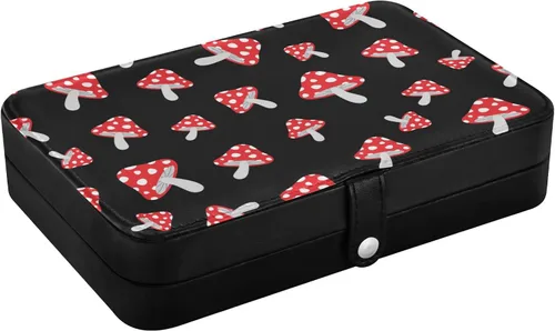 Vista 2 de Joyero con estampado de hongos para mujeres y niñas, organizador de viaje de joyería de piel sintética, estuche de joyería pequeño portátil, soporte