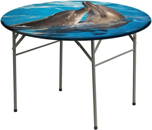 Vista 3 de Mantel redondo de vinilo ajustable, mantel de poliéster con estampado de delfín, diseño de delfines de San Valentín, bailando, se ajusta a mesas