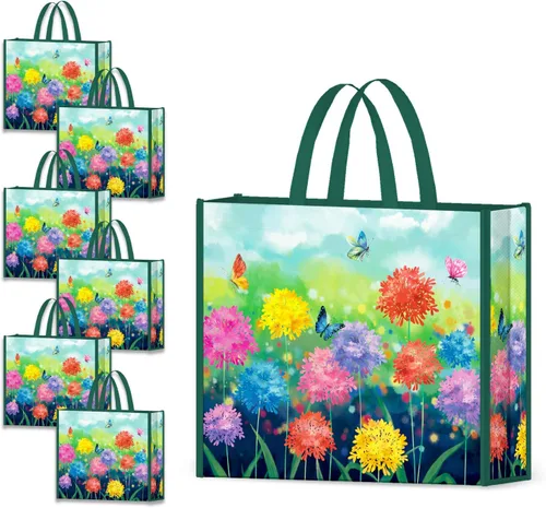 Vista 10 de NymphFable Paquete de 6 bolsas de comestibles reutilizables con flores de almendra, bolsas de compras, impermeables, bolsas de regalo, 50 libras