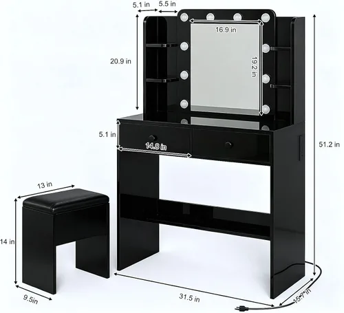 Vista 2 de Haewon Escritorio de maquillaje con espejo iluminado y juego de silla Negro