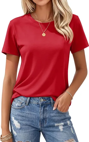Vista 11 de MAGCOMSEN Camisetas de algodón para mujer de manga corta con cuello redondo, camisetas de ajuste clásico y transpirables de verano a1-Negro