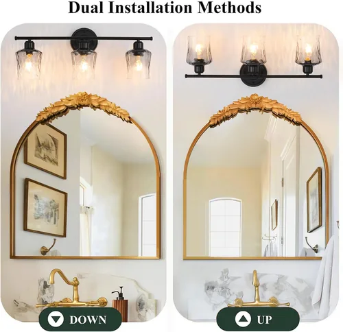 Vista 5 de Lámpara de baño de 3 luces, lámpara de tocador negra mate con pantalla de vidrio gris, moderna lámpara de pared de baño E26 para sobre espejo