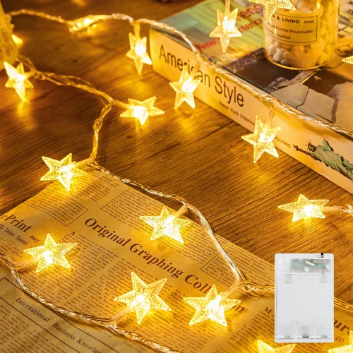 Vista 9 de Minetom - Cadena de luces con forma de estrella operadas a pilas - 5.2 m, 50 luces LED, impermeables, con temporizador, para decoración