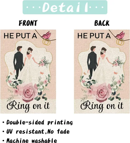 Vista 3 de Bandera de jardín con texto en inglés "He Put a Ring on It", de arpillera vertical de doble cara, boda, compromiso, propuesta, despedida de soltera