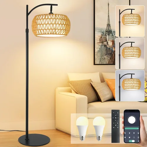 Vista 2 de Lámpara de pie de ratán boho con pantalla - Bombilla LED brillante de 12 W, altura ajustable de 48-60 pulgadas, control remoto con 3 temperaturas