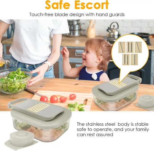 Vista 5 de Picador de verduras, cortador de alimentos con mandolina 9 en 1 para cocina, rallador de queso, picador de verduras con recipiente, 9 cuchillas