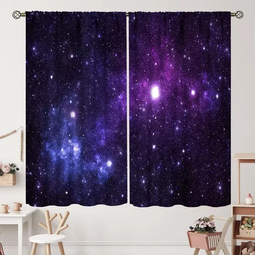 Vista 33 de Cortinas de planeta galaxia, espacio exterior, universo, nebulosa, estrellas, cielo estrellado, con bolsillo para cortinero, para sala de estar