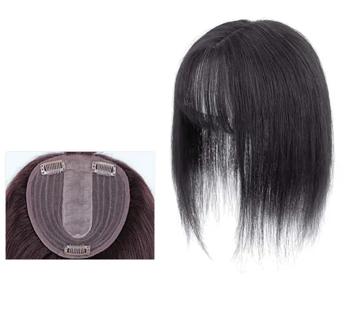 Vista 11 de LXUE Parte superior de cabello humano con base de seda natural para mujeres con cabello gris y delgado, 5 x 5.5 pulgadas, base con flequillo, 8.7