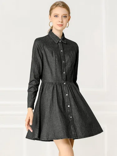 Vista 2 de Allegra K Vestido de mezclilla para mujer con botones plisado acampanado acampanado