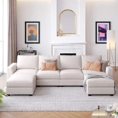 Vista 21 de Divertido y moderno sofá modular grande en forma de U como Lego, juego de sofá tapizado con otomana extraíble y asiento de almacenamiento, sofá cama