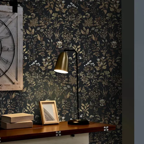 Vista 2 de Dimoon Papel Tapiz de 78.7"x17.3" para Despegar y Pegar Papel de Contacto Negro/Dorado Floral Papel Tapiz Floral Oscuro Papel de Pared Removible