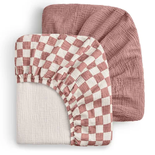 Vista 24 de Blissful Diary Muslin Crib Sheets, 2 Pack, Beige Gingham & Brown Gingham fitted for 52''x28'' crib mattress, soft and breathable cotton, boho