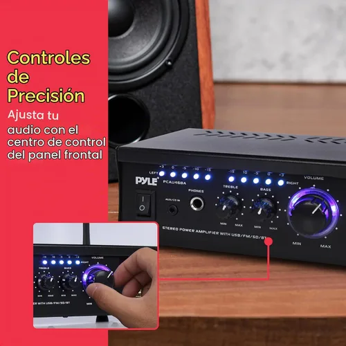Vista 4 de Pyle Amplificador de altavoz Bluetooth para computadora - Amplificador de potencia estéreo para el hogar de 2 x 120 W, sistema receptor de audio