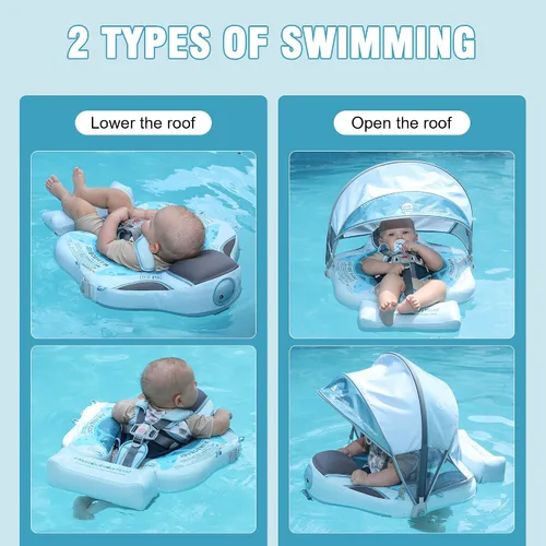 Vista 6 de Mambobaby Flotador de piscina para bebé no inflable con toldo UPF 50+, flotador de natación infantil antideslizante con arnés de seguridad de 5