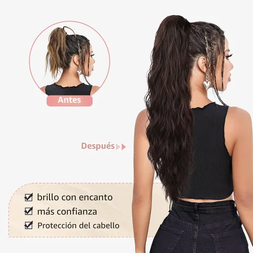Vista 4 de FLUFYMOOZ Extensión de cola de caballo de 22 pulgadas, extensiones de cabello sintético ondulado largo y rizado para mujer