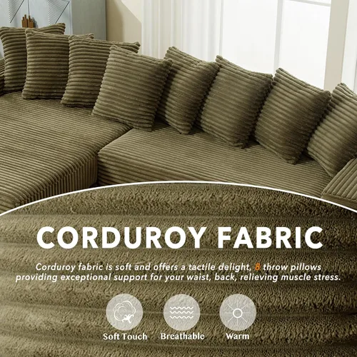 Vista 3 de Sofá modular de pana de 111 pulgadas, tamaño completo, color verde Convertible Sleeper Sofa Bed for Living Room, Hotel, Left L-Shaped Couch with
