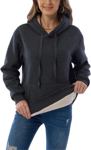 Vista 2 de Sudadera con capucha para mujer, forro polar, sherpa, para invierno, casual, ajuste holgado