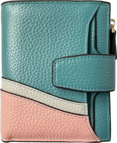 Vista 23 de Cartera de cuero con bloqueo RFID para mujer, pequeña, compacta, doble cremallera, con ventana para identificación