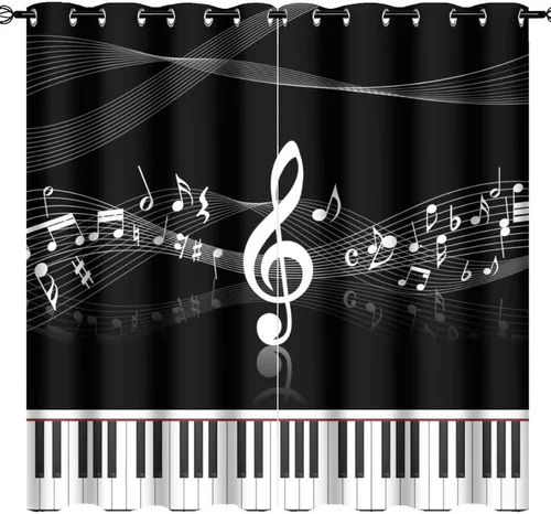 Vista 45 de Cortinas opacas de oscurecimiento de habitación con ojales, diseño rústico de símbolos musicales blancos y negros, tratamiento de ventana