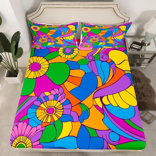 Vista 32 de Juego de ropa de cama con diseño floral bohemio, tamaño individual, diseño retro de flores groovy, 60S y 70S, diseño de flores hippie para niños