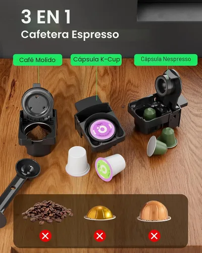 Vista 2 de HBN 3 en 1 para cápsulas Nespresso, cápsulas K-Cup y café molido, cafetera múltiple de una sola porción, máquina de café espresso programable de 19