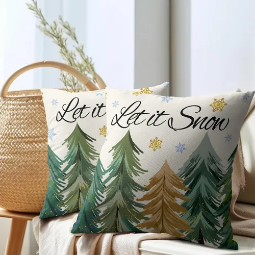 Vista 7 de Juego de 2 fundas de almohada de árbol de Navidad de 18 x 18 pulgadas, fundas de almohada de invierno Let it Snow, diseño de copos de nieve, funda