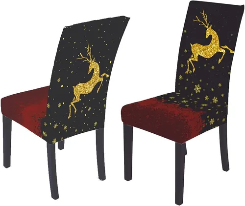 Vista 16 de XMNTG Juego de 6 fundas para sillas de Navidad, con estampado de ciervos, decoración de Navidad, fundas extraíbles para sillas antideslizantes Negro