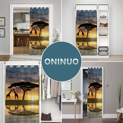 Vista 5 de Cortinas de puerta de África para puertas, anochecer paisajes naturales, árboles, temporadas, horizonte, jirafas, cortina opaca para armario