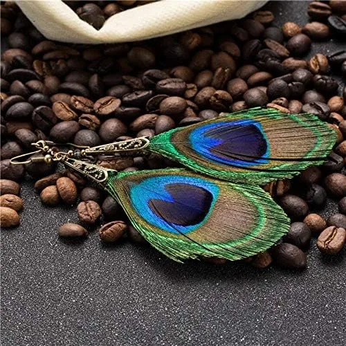 Vista 3 de DQH - Pendientes de gota para mujer, grandes, largos, naturales, de plumas de pavo real, bohemio, étnico, a la moda, colgantes, para boda, fiesta