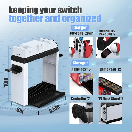 Vista 2 de Soporte organizador de juegos Switch y base de carga para Nintendo Switch & Switch OLED Joy-ConsPro Controller - Kit de accesorios de soporte