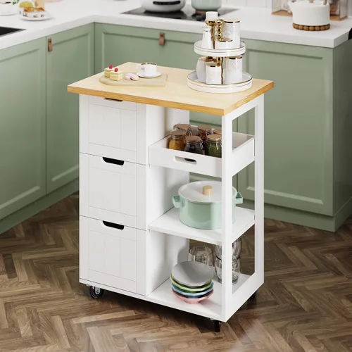 Vista 10 de SUNLEI Isla de Cocina con Carro de Almacenamiento, Carrito Rodante de Café Pequeño, Mesa de Corte de Madera, Microondas con 3 Cajones sobre Ruedas