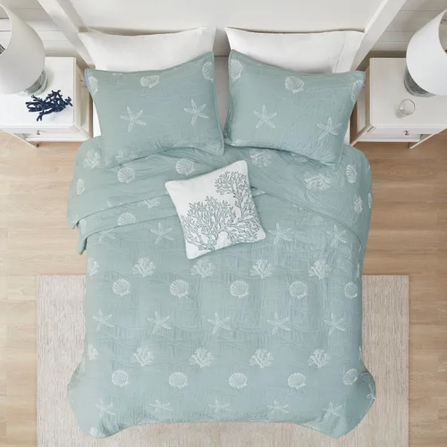 Vista 5 de Harbor House Seaside - Juego de edredón reversible de algodón con diseño de almeja costera, estrellas de mar, bordado de coral, para todas