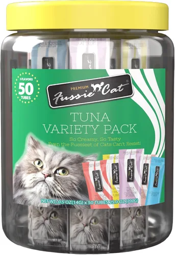 Vista 33 de Fussie Cat Golosinas prémium para gatos en puré de atún, golosinas para lamer, 3 paquetes de tubos de 4 a 0.5 onzas, (12 tubos en total), variedad