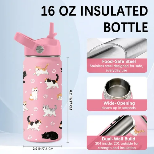 Vista 2 de Botella de agua para gatos, vaso de acero inoxidable de 16 onzas con pajita Rosa gato.