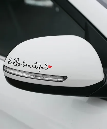 Vista 6 de RACOONA Calcomanía para espejo retrovisor, calcomanía Hello Beautiful, accesorios de automóvil, calcomanía para espejo retrovisor (negro y rojo)